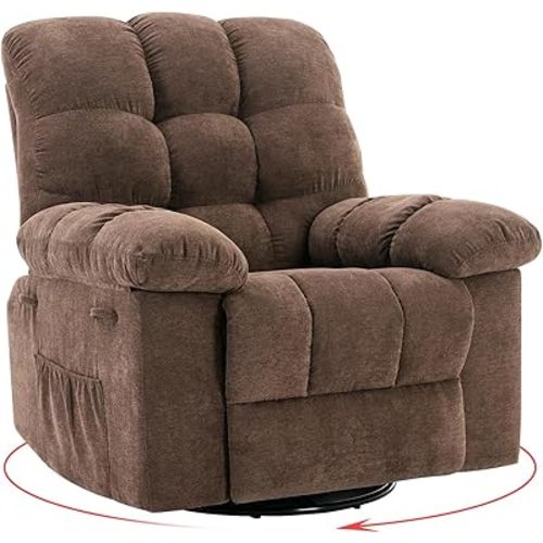 Rocking Recliner Chair,360° Swivel Rocker Chair for Living Room,Upholstered Fabric Glider Nursery Chair with Side Pockets for Small Spaces,Q235 Steel Frame Lazy Boy Recliner Single Sofa(Brown)