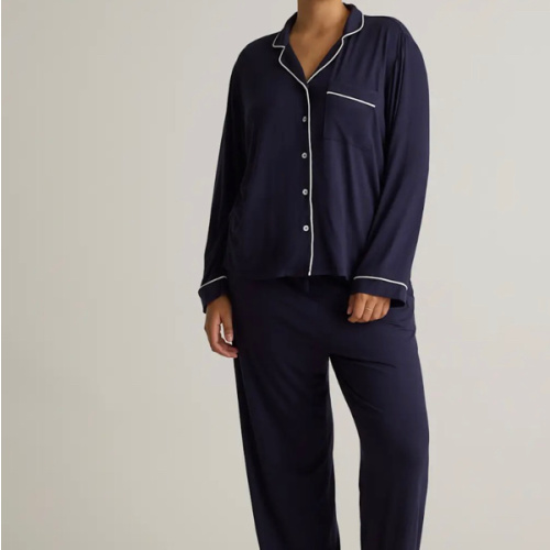 Bamboo Jersey Long Sleeve Pajama Set in Deep Navy — Large
