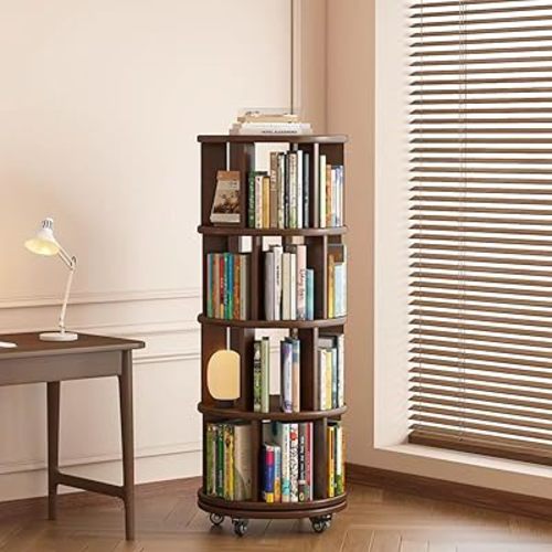 Saifu 4 Tier Solid Wood Rotating Bookshelf on Wheels,Round Revolving Bookcase,360° Spinning Book Shelf Tower,Rolling Bookshelves for Small Space, Corner, Bedroom, Kids Room,Office, Walnut