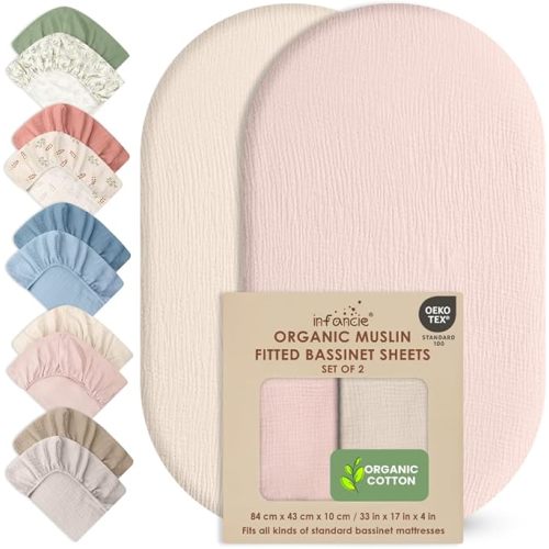 100% Organic Cotton Muslin Baby Bassinet Baby Sheet 33 X 17 Inch Soft Breathable Lightweight Stretchable Bed Sheet 2 Pack Gentle On Skin Durable Snug Fit Sheet for Newborn Bassinet Mattress