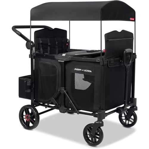 Radio Flyer Voya 2.0 XT 4-Seat Stroller Wagon, for Kids 6+ Months, Lightweight, Compact, Foldable, UV Canopy, Included Storage, Raised Folding Seats, Zippered Doors, Stroller Wagon for Kids