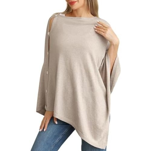 PULI Women's Versatile Knit Shawl Poncho Sweater Button Scarf