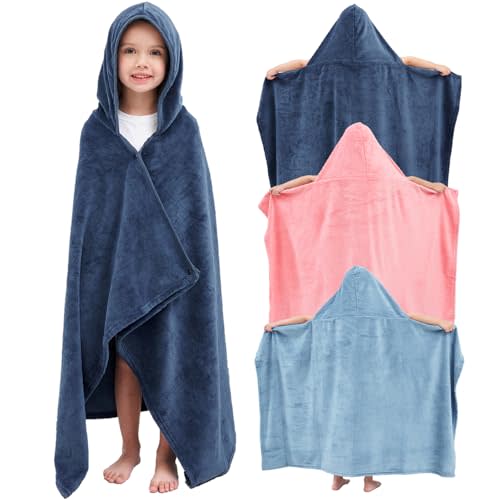 Hiturbo 3Pcs Kids Fleece Hooded Towel: Soft Plush Warm Blanket - 50"x30" Pool Beach Bath Swim Towel Wrap for 3-12 Yrs (Navy+Blue+Pink)