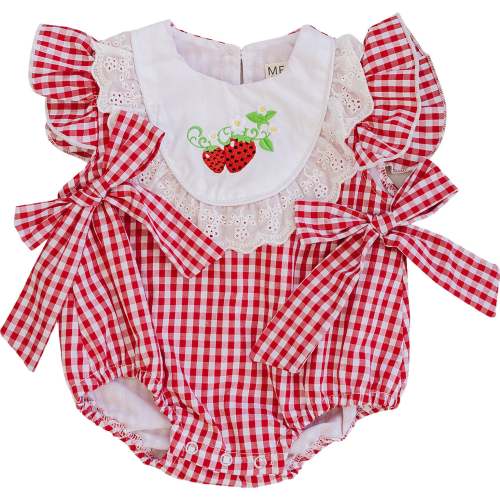 Gingham Strawberry Bubble Romper – Mebie Baby