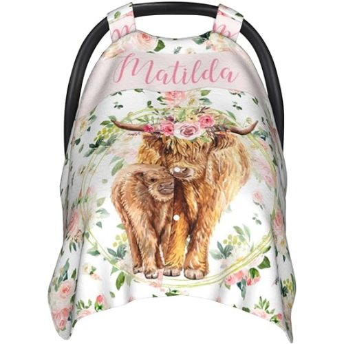 Personalized Baby Car Seat Canopy for Babies with Name, Custom Floral Cow Stroller Car Seat Covers for Girls, Minky Nursing Carseat Cover for Breastfeeding, Car Seat Canopies for Newborn