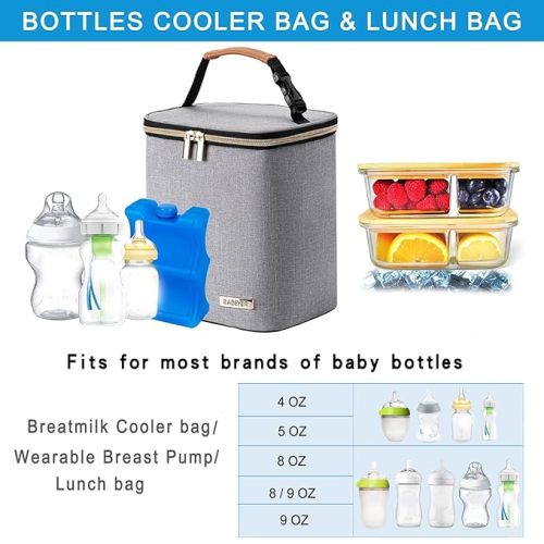 Breast Milk Cooler Bag with Ice Pack Fits 4 Baby Bottles Up to 9 Ounce, Baby Bottle Bag for Nursing Mom Daycare, Grey