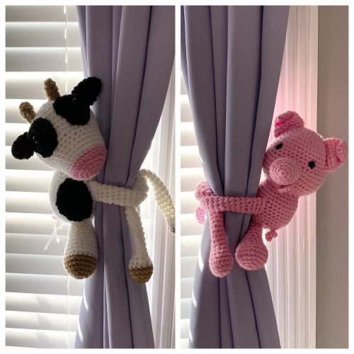 Curtain Tie Backs, Farm Tie Backs, Nursery Curtain Tiebacks, Amigurumi Cow, Cow, Pig, Crochet Cow Tiebacks, Nursery Decor, Baby Shower Gift
