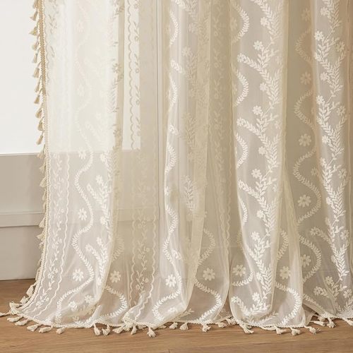 WAZZIO Boho Lace Curtains 2 Panels 96 Inches -Cute Vintage Victorian Sheer Panel Drape French Country Floral Pattern & Tassel Light Filtering Privacy for Bedroom Dining Living Room,Beige,W52x L96