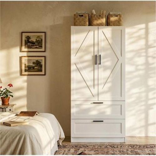 Famapy White Farmhouse Wardrobe Closet,Barn-Style Geometric Doors,Armoire Closet Clothing Organizer,Clothing Storage Cabinet for Bedroom