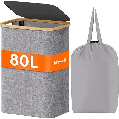 Lifewit 80L Laundry Basket with Lid, Clothes Hampers for Laundry with Bamboo Handles and A Removable Laundry Bag, Large Foldable Hamper for Bedroom, Bathroom, Dorm, Laundry Room, Light Gray