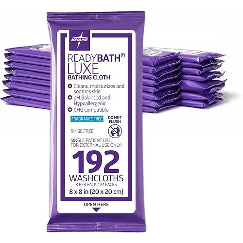 Medline ReadyBath LUXE Extra Thick Adult Bath Wipes, 192 Wipes (8 Wipes, 24 Packs), Unscented, No Rinse Formula with Aloe, Shower Wipes for Sensitive Skin, Hypoallergenic Body Wash Wipes, 8 x 8 Inch