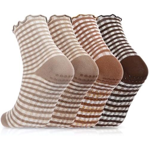 4 Pairs Ruffle Pilates Grippy Socks, Cute Gingham Non Slip Ankle Yoga Socks for Women Dance Gym Exercise