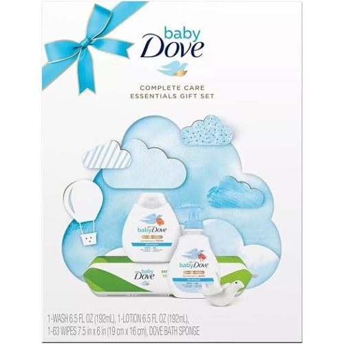 Dove Baby Complete Care Essentials Gift Set - Baby Gift Set with a Dove Baby Body Wash, a Dove Baby Lotion, a Pack of Dove Baby Wipes, and a Dove-Shaped Baby Bath Sponge (4 Piece Set)