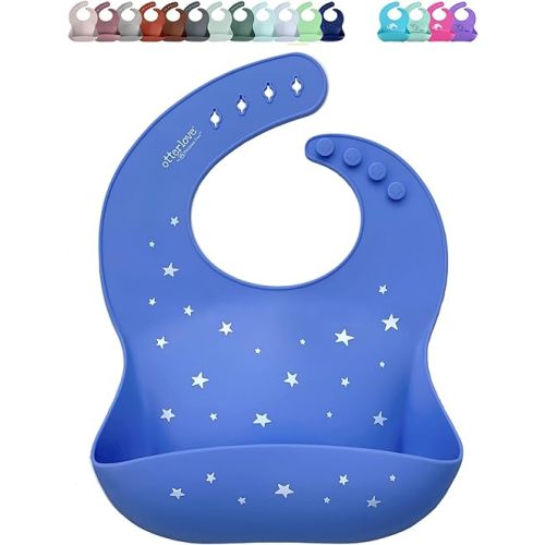 otterlove Silicone Bib – 100% Pure Platinum LFGB Baby Bibs with No Fillers (Single Bib - Very Peri - Stars Print)