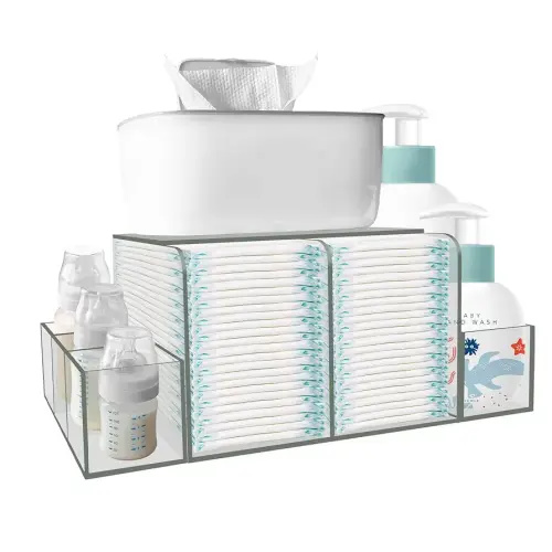 Diaper Caddy, Baby Changing Table Organizer, Detachable Clear Acrylic Diaper Storage for Wipe Dispenser, Wipe Warmer and other Diapering Essentials
