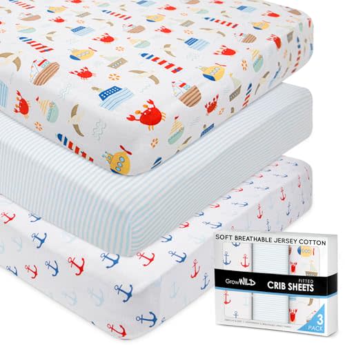 GROW WILD Nautical & Ships Baby Crib Sheets for Boys (3 Pack) - Jersey Knit Fitted Sheet (52" x 28"), Toddler Bedding Set & Baby Boy Crib Bedding Set, Anchors and Ships with Stripes