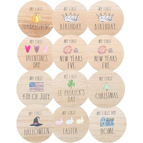 Rae Dunn Baby Milestone Plaques - Wooden Baby Holiday Milestone Props for Newborn Boy or Girl - First Year Baby Photo Shoot Photography Prop – Halloween, Thanksgiving, Christmas, Easter, July 4th