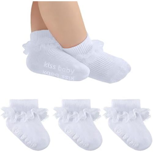Baby Girl Ruffle Socks with Grips Turn Cuff Ankle Lace Frilly Dress Socks for Newborn/Infant/Toddler/Little Kids
