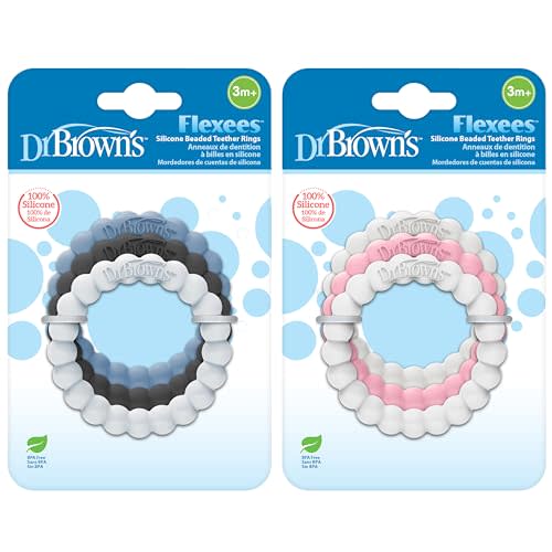 Dr. Brown's Flexees Beaded Baby Teether Rings,Soft 100% Silicone,6 Pack,Blue,Light Blue,Pink,White,Gray,BPA Free,3m+