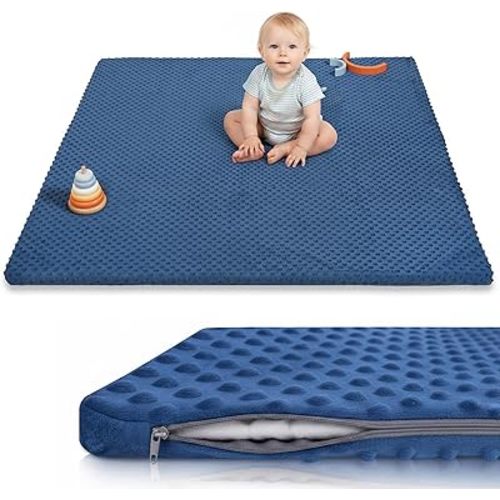Huloo Sleep Baby Floor Play Mat for Playpen, Extra Thick 50"x50" Padded Mat with Ultra Soft 3D Minky Dot & Removable Washable Cover, Non-Slip & Safe for Crawling,Tummy Time,Infant/Toddler(Dark Blue)