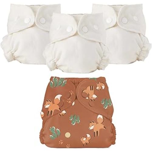 Esembly Cloth Diaper Bundle Set - 3 Organic Cotton Absorbent Inners and 1 Waterproof Outer Diaper Cover - Reusable, Washable, Snap Closure Cloth Diapers - Size 1 (7-17lbs), Foxes