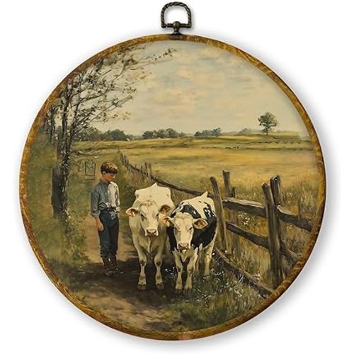 QZQE Vintage Farmhouse Cow Round Wall Art Decor Framed, Cottagecore Cow Countryside Canvas Prints, Rustic Country Farm Animal Circular Wall Hanging Decor for Home Bedroom Living Room, 10x10 Inch