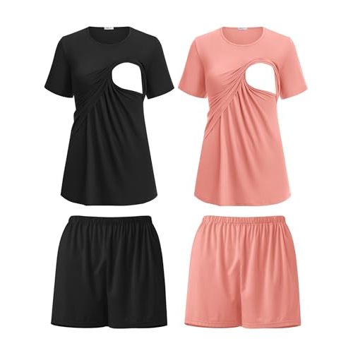 Ekouaer 2 Pack Women's Nursing Pajamas Set Double Layer Maternity Pjs Postpartum Loungewear Set Breastfeeding Tops & Shorts