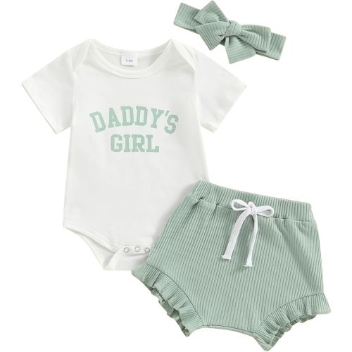 Daddy's Girl Baby Clothes Newborn Short Sleeve Romper Ribbed Shorts Headband Sets 3Pcs Infant Summer Outfits - Green - 12-18 Months