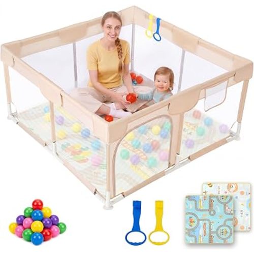 Dripex Baby Playpen, 47"x47" Play Pen for Babies, Cream