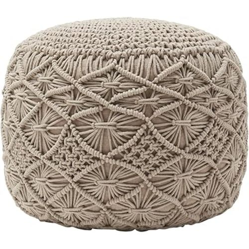 Ornavo Home Pouf Ottoman Foot Rest - 100% Cotton Pouffe - Hand Knitted Macrame Braid - Boho Round Stuffed Ottoman for Living Room, Bedroom - Beige