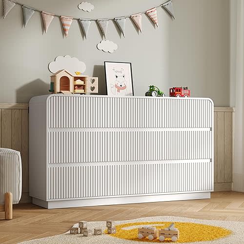 Dresser for Bedroom with 9 Drawers, Fluted Chest of Drawers with Round Curved Corner, Hidden Handles, Modern Wood Storage Organizer for Bedroom, Nursery, Living Room