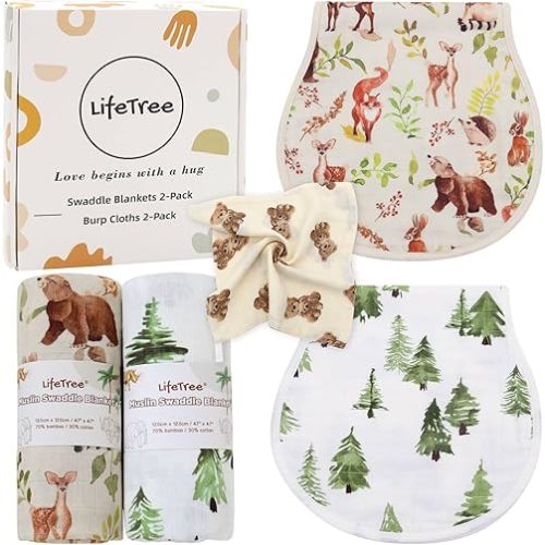 LifeTree Baby Swaddle Blankets 2 Pack and Burp Cloths 2 Pack Set, Muslin Swaddling Wrap Receiving Blanket for Newborn, 70% Viscose from Bamboo and 30% Cotton, Large 47" x 47", Woodland & Tree