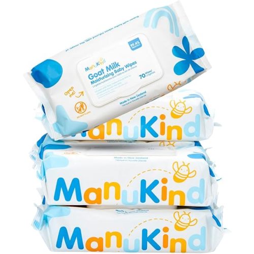 ManuKind Goat Milk Infused Baby Wipes, Ultra Gentle, 100% Bamboo Fiber, Soft Comfort for Sensitive Skin, Dermatologist Tested, Made in New Zealand, 70 x 6 Bags