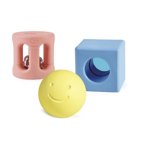 Hape Geometric Rattle Trio - 3pk: BPA-Free, Steel & Wood, Baby Rattles, 7.09" Height