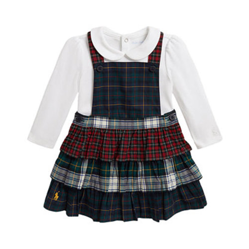Baby Girls' Long-Sleeve Cotton Bodysuit and Tiered Plaid Dress, 2-Piece Set
