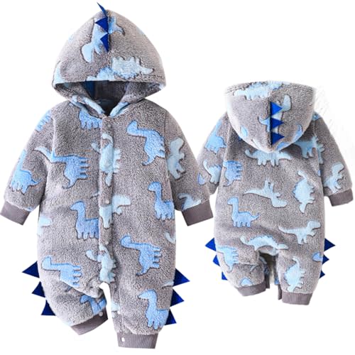 Yaopelky Newborn Baby Dinosaur Snowsuit Infant One Piece Hooded Jumpsuit Toddler Cartoon Romper Winter Warm Fleece Outfit
