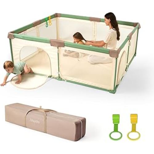 Tinyiota Foldable Baby Playpen, 59x71 Inch Portable Play Yard for Babies and Toddlers with Soft Breathable Mesh, Storage Bag & 2 Pull-Toy Handles for Indoor & Outdoor (Forest Green)