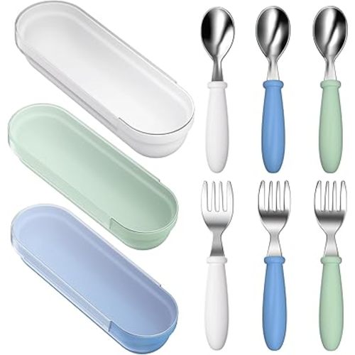 Toddler Utensils, Kids Stainless Steel Silverware Set, Toddler Forks and Spoons, Baby Utensils Set with Storage Box for Self Feeding Safe, Dishwasher Safe (3 Set with Case)