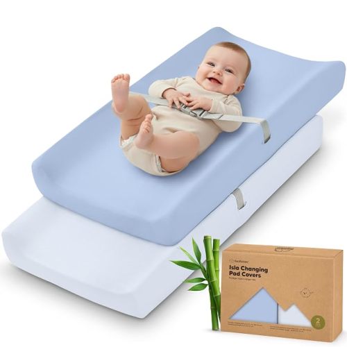 2-Pack Baby Changing Pad Cover for Girl, Boy, 34x18 (Blue Flax) | Soft Viscose Derived from Bamboo Baby Diaper Changing Table Pad Cover Sheets, Neutral, Snug Fit Nursery Diaper Change Sheets