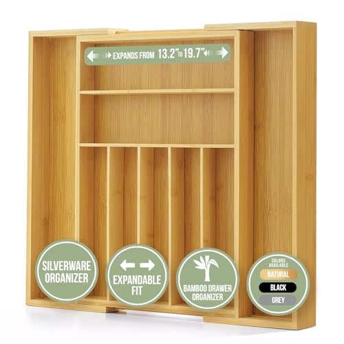 Purawood Bamboo Drawer Organizer - Expandable Silverware Organizer & Utensil Drawer Organizer, Cutlery Tray with Dividers, 7-9 Slots- Kitchen Organizer for Utensils & Flatware (Natural)