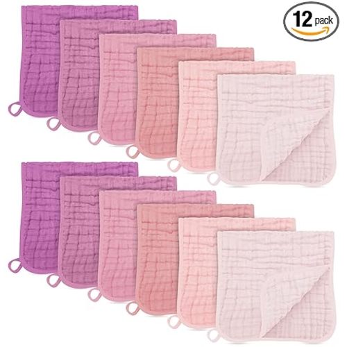 SWEET DOLPHIN 12 Pack Muslin Burp Cloths Large 100% Cotton Burping Clothes for Baby Drool - Absorbent and Soft Boys & Girls Milk Spit Up Rags for Newborn Essentials Registry - Hibiscus Sunset