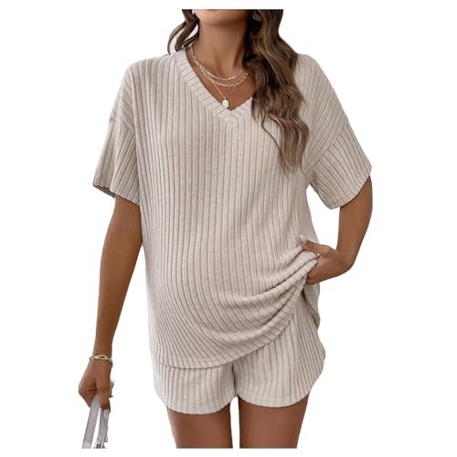 MakeMeChic Women's Maternity Pajamas Lounge Sets 2 Piece Outfits Short Sleeve Rib Knit Tops and Shorts Sets Pregnancy Clothes