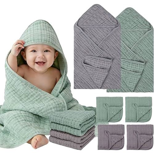 6 Pcs Muslin Hooded Baby Bath Towels Sets - 2 Pack 100% Cotton Baby Towel & 4 Pack Muslin Washclothes- 32x32Inch Baby Towels Cotton for Babies, Infants, Toddlers, 100% Cotton, Bath Essentials