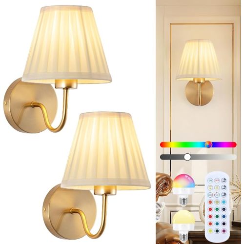 Vintage Battery Operated Wall Sconces Set of 2, Pleated Fabric Shade Gold Wall Lamp with Remote Control, Cordless Rechargeable Wall Sconces Fixtures for Bedroom, Living Room, Beside (2 Bulbs Included)