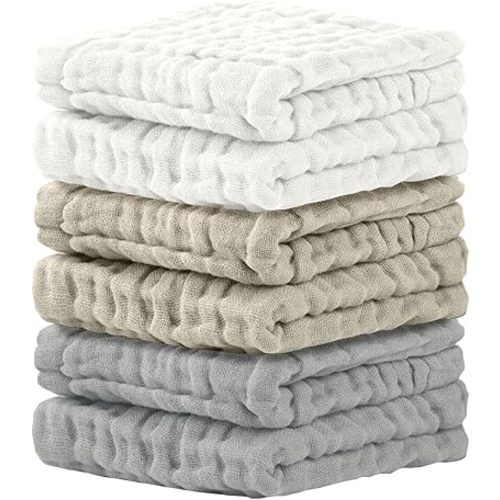 Cuddle Campus Baby Washcloths 6 Packs, Muslin Washcloths Baby,Cotton Burp Cloths, Extra Absorbent and Soft Wash Clothes for Newborns, 12x12 Inches