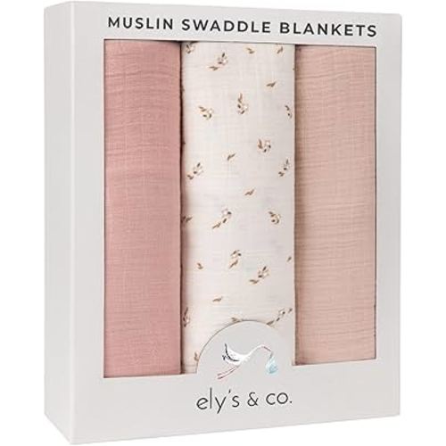 Ely's & Co. Muslin Swaddle Blankets 3-Pack for Baby Girl, 100% Cotton Muslin Extra Large Swaddle Receiving Blankets, 47”x47” (Pink-Cream Floral)