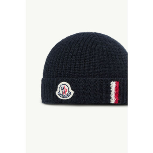 Navy Blue Tricolor-Trimmed Wool Beanie - Accessories for Children | Moncler US