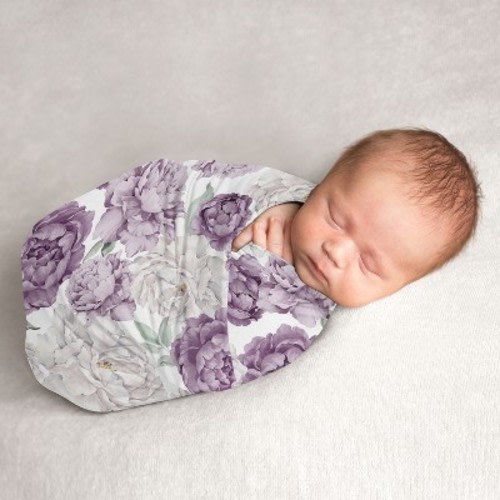 Sweet Jojo Designs Girl Swaddle Baby Blanket Peony Floral Garden Purple Ivory and Green