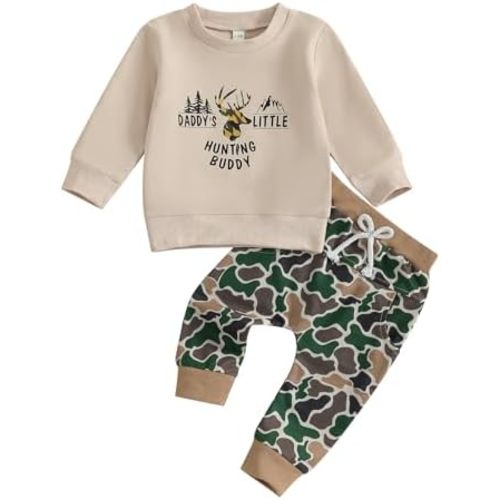 Fernvia Toddler Baby Boy Fall Hunting Clothes Wild Goose Fish Deer Print Sweatshirt Elastic Camouflage Pant Winter Outfits