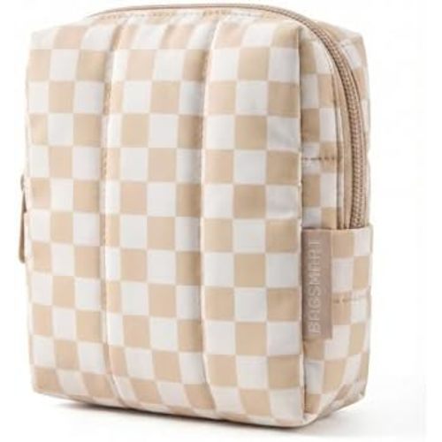 BAGSMART Small Travel Makeup Bag for Purse Toiletry Pouch, Puffy Padded Mini Cosmetics Bag, Cute Make Up Pouch for Women with Slip-in Pocket, Travel Essentials for Toiletries, Checkered Khaki